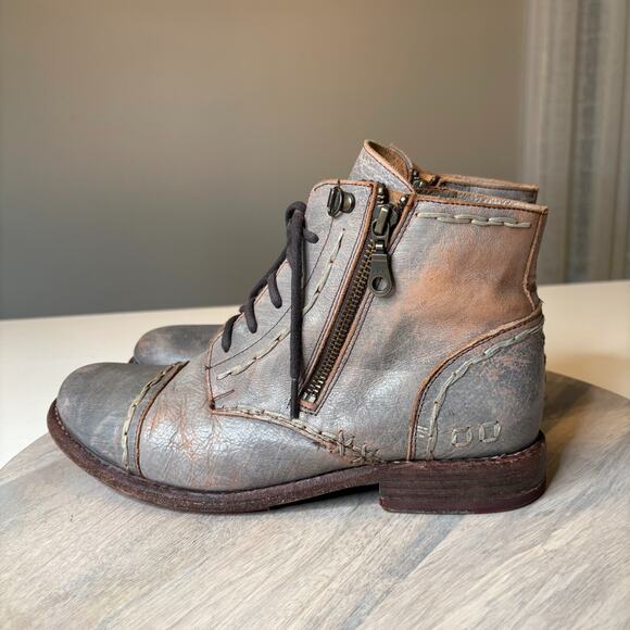 Bed Stu Bonnie Gray Brown Distressed Leather Lace Up Zip Ankle Boots Women’s 9.5 - Picture 2 of 12